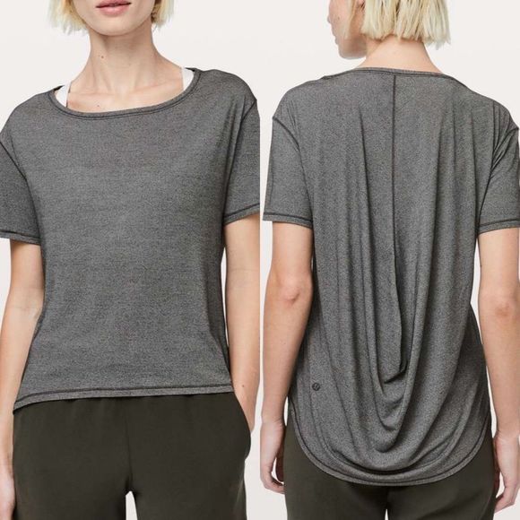 Lululemon Fall In Place Short Sleeve Top High-Low Hem Heathered Black Grey 4 - Picture 8 of 8